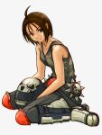  1girl ahoge armored_boots boots breasts brown_hair camouflage_tank_top clothes_around_waist commentary english_commentary full_body helmet highres holding holding_helmet huge_ahoge jacket jacket_around_waist justice_gakuen kazama_akira knee_pads leather leather_pants mixed-language_commentary motorcycle_helmet pants short_hair sitting skull_print sleeveless small_breasts solo wariza white_background xfiro 