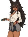  1girl animal_ears bangs blush breasts brown_hair cerberus_(houtengeki) dark-skinned_female dark_skin dog_ears gyaru houtengeki kogal long_hair looking_at_viewer open_mouth original red_eyes small_breasts smile solo thighs 