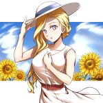  1girl absurdres alternate_costume azur_lane belt blonde_hair blue_eyes breasts dress flower hat highres hood_(azur_lane) long_hair looking_at_viewer madakov_kodima medium_breasts red_belt sleeveless sleeveless_dress solo sun_hat sunflower white_dress 