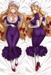  1girl ass backless_dress backless_outfit blonde_hair breasts cleavage collarbone commission dakimakura_(medium) deras dress elbow_gloves gloves high_heels impossible_clothes impossible_dress large_breasts long_hair multiple_views pixiv_request purple_eyes thighs touhou very_long_hair yakumo_yukari 