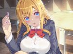  1girl absurdres bangs black_jacket blonde_hair blue_eyes blush breasts bursting_breasts chair classroom cleavage collared_shirt desk eyebrows_visible_through_hair hair_between_eyes haruken highres holding holding_pen indoors jacket large_breasts looking_at_viewer non-web_source open_clothes open_mouth open_shirt original pen red_eyes school_chair school_desk school_uniform shirt sitting solo white_shirt wooden_floor 