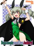  1girl anchovy_(girls_und_panzer) blush breasts brown_eyes cape covered_navel dated drill_hair eyebrows_visible_through_hair girls_und_panzer green_hair green_leotard hair_ornament hair_ribbon leotard long_hair looking_at_viewer oosaka_kanagawa open_mouth playboy_bunny ribbon shiny shiny_hair sideboob small_breasts smile solo thighhighs twin_drills twintails white_legwear 