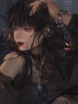  1girl bangs bare_shoulders black_dress black_hair blue_eyes bracelet choker commentary_request detached_sleeves dress earrings final_fantasy final_fantasy_xiv frilled_choker frills gaia_(ff14) hand_on_own_head highres hyur jewelry long_hair looking_to_the_side necklace red_lips ring solo sukiri 