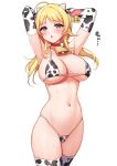  1girl :o ahoge animal_ears animal_print armpits arms_behind_head arms_up bare_shoulders bell bikini blonde_hair blue_eyes blush breasts choker cleavage collarbone commentary_request cow_ears cow_girl cow_horns cow_print cowbell cowboy_shot deadnooodles ear_tag elbow_gloves fake_animal_ears fake_horns gloves hachimiya_meguru halter_top halterneck highleg highleg_bikini highres horns idolmaster idolmaster_shiny_colors large_breasts long_hair looking_at_viewer low_twintails navel open_mouth red_choker simple_background skindentation solo standing stomach string_bikini sweat sweatdrop swimsuit thighhighs translated twintails white_background white_bikini white_legwear 