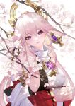  1girl animal_ears bangs cherry_blossoms detached_sleeves earrings eyebrows_visible_through_hair floral_background flower fox_ears genshin_impact hair_between_eyes hair_ornament head_tilt highres japanese_clothes jewelry long_hair looking_at_viewer miko nido_celisius parted_lips pink_hair purple_eyes ribbon-trimmed_sleeves ribbon_trim sidelocks smile solo wide_sleeves yae_(genshin_impact) 