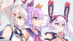  3girls absurdres animal_ears ascot ayanami_(azur_lane) azur_lane bangs belt bikini bikini_top choker close-up collarbone commentary_request crown detached_sleeves eyebrows_visible_through_hair fake_animal_ears from_side green_eyes hair_between_eyes hair_ornament hair_ribbon hairband hairclip headgear highres javelin_(azur_lane) laffey_(azur_lane) long_hair looking_away mini_crown multiple_girls orange_eyes parted_lips ponytail purple_hair rabbit_ears red_eyes retrofit_(azur_lane) ribbon school_uniform serafuku sidelocks silver_hair simple_background sleeveless smile swimsuit take_yaki twintails vest white_background white_bikini white_hair 