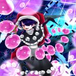  1girl :3 bangs black_capelet black_gloves blue_eyes capelet chain danmaku dark_blue_hair doremy_sweet dream_soul dream_world_(touhou) dress elbow_gloves english_commentary frilled_dress frills gloves hair_over_one_eye hat is_usami_not_usamimi lock looking_at_viewer pipe pom_pom_(clothes) santa_hat smoking smug solo tail tapir_tail touhou white_dress 