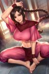  1girl abs arm_up avatar:_the_last_airbender avatar_(series) barefoot braid braided_ponytail breasts brown_eyes brown_hair crop_top feet hand_on_own_head hands_on_feet indian_style large_breasts looking_at_viewer midriff navel neoartcore pink_shirt shirt sitting smile solo stomach taut_clothes taut_shirt toes toned ty_lee 