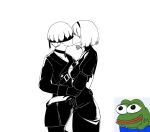  1boy 1girl belt blindfold bob_cut boy&#039;s_club breasts choker commentary_request covered_eyes dress french_kiss from_side gloves greyscale hairband hetero huqu jacket juliet_sleeves kiss korean_commentary large_breasts long_sleeves mole mole_under_mouth monochrome nier_(series) nier_automata pepe_the_frog puffy_sleeves short_hair simple_background smile standing white_background yorha_no._2_type_b yorha_no._9_type_s 