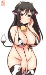  1girl alternate_costume animal_ears animal_print artist_logo bell bikini black_eyes black_hair bottomless breasts chikuma_(kancolle) cleavage commentary_request convenient_arm covered_nipples cow_ears cow_horns cow_print cow_tail cowbell cowboy_shot dated fake_animal_ears fake_horns front-tie_top groin highres horns kanon_(kurogane_knights) kantai_collection large_breasts long_hair micro_bikini one-hour_drawing_challenge simple_background solo standing swimsuit tail thighhighs white_background white_bikini white_legwear 