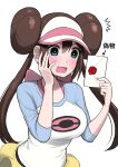  1girl absurdres arrow_(symbol) bangs blush bow breasts brown_hair commentary_request double_bun envelope green_eyes hands_up highres holding holding_envelope large_breasts long_hair nishikino_kee open_mouth pantyhose pink_bow pokemon pokemon_(game) pokemon_bw2 raglan_sleeves rosa_(pokemon) shirt shorts simple_background smash_invitation solo super_smash_bros. sweatdrop tongue translation_request twintails visor_cap wavy_mouth wax_seal white_background yellow_shorts 