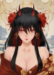  1girl aztodio bare_shoulders black_hair breasts cleavage colored_inner_hair commentary english_commentary flower hair_between_eyes hair_flower hair_ornament highres horns japanese_clothes kimono light_smile lips long_hair looking_at_viewer multicolored_hair oni oni_horns original red_eyes red_hair red_horns red_kimono solo symbol-shaped_pupils upper_body yukata 