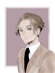  1boy black_necktie brown_eyes brown_hair formal grey_background joker_game male_focus miyoshi_(joker_game) necktie short_hair simple_background smile solo suit upper_body yamada_(aya_ango) 