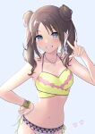 1girl absurdres bikini blue_eyes breasts brown_hair double_bun highres hoshina_hoshimi idolmaster idolmaster_shiny_colors looking_at_viewer mitsumine_yuika multicolored_clothes smile solo swimsuit twintails 