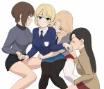  4girls asymmetrical_bangs bangs blonde_hair blue_eyes blue_sweater blush braid brown_hair chi-hatan_school_uniform darjeeling_(girls_und_panzer) dress_shirt emblem girls_und_panzer grey_shirt highres jacket kay_(girls_und_panzer) kuromorimine_school_uniform long_hair long_sleeves multiple_girls necktie nishi_kinuyo nishizumi_maho open_mouth pantyhose pleated_skirt saunders_school_uniform school_uniform shirt short_hair skirt st._gloriana&#039;s_(emblem) st._gloriana&#039;s_school_uniform sweater thighhighs v-neck wata_do_chinkuru yuri 