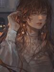  1girl bangs brown_hair dress earrings final_fantasy final_fantasy_xiv grey_eyes hair_tucking highres hyur jewelry long_hair long_sleeves looking_to_the_side parted_lips puffy_long_sleeves puffy_sleeves ring ryne solo sukiri upper_body white_dress 