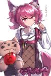  1girl absurdres animal_ear_fluff animal_ears apple arknights bangs closed_mouth eyebrows_visible_through_hair food fox_ears fox_girl fox_tail fruit highres long_sleeves pink_hair purple_eyes shamare_(arknights) shiki44boku solo stuffed_animal stuffed_toy tail twintails 