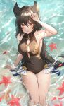  1girl absurdres animal_ears bangs bare_shoulders black_hair black_swimsuit blush braid braided_ponytail casual_one-piece_swimsuit caustics cleavage_cutout clothing_cutout collarbone covered_navel erune feet_out_of_frame flower granblue_fantasy highres long_hair looking_at_viewer nakonbu nier_(granblue_fantasy) one-piece_swimsuit partially_submerged red_eyes shading_eyes sitting solo swimsuit twitter_username wet wet_hair 