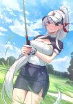  1girl alternate_costume azur_lane bangs belfast_(azur_lane) blue_eyes blush breasts cleavage golf_club highres holding holding_golf_club large_breasts long_hair looking_at_viewer outdoors ponytail short_sleeves silver_hair smile solar_(happymonk) solo very_long_hair visor_cap white_hair 