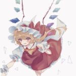  1girl ascot bangs blonde_hair blush bow bright_pupils commentary_request crystal distortion eyebrows_visible_through_hair flandre_scarlet flying frilled_shirt_collar frills hair_between_eyes hand_up hat hat_bow looking_at_viewer mob_cap one_side_up outstretched_arm parted_lips petticoat puffy_short_sleeves puffy_sleeves red_bow red_eyes red_skirt red_vest short_hair short_sleeves simple_background skirt slit_pupils smile solo sorani_(kaeru0768) touhou v-shaped_eyebrows vest white_background white_headwear white_pupils wings wrist_cuffs yellow_ascot 