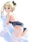  1girl all_fours black_ribbon black_swimsuit blonde_hair blue_eyes competition_swimsuit dutch_angle hair_ribbon katahira_masashi long_hair looking_at_viewer one-piece_swimsuit original ribbon school_swimsuit simple_background solo swimsuit white_background 