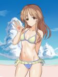  1girl beach bikini blue_sky blurry breasts brown_eyes brown_hair cloud commentary_request contrapposto day depth_of_field frilled_bikini frills highres horizon idolmaster idolmaster_cinderella_girls long_hair looking_at_viewer mismatched_bikini ocean outdoors partial_commentary side-tie_bikini sky small_breasts solo standing swimsuit takamori_aiko vamns waving 