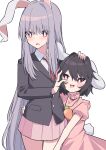  2girls absurdres animal_ears arms_up bangs belt black_hair blazer blush bright_pupils carrot_necklace collar collared_shirt cropped_legs dress eyebrows_visible_through_hair hair_between_eyes hand_on_another&#039;s_face hands_up height_difference highres hug inaba_tewi jacket light_purple_hair long_hair long_sleeves looking_at_viewer multiple_girls necktie open_mouth pink_dress pleated_skirt puffy_short_sleeves puffy_sleeves purple_hair rabbit_ears rabbit_tail red_belt red_necktie red_skirt reisen_udongein_inaba shirt short_hair short_sleeves simple_background skirt smile standing tail touhou tsukimirin white_background white_pupils white_shirt 