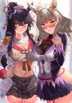  2girls animal_ears biwa_hayahide_(umamusume) black_hair black_skirt blush breasts cleavage coat cowboy_shot eyebrows_visible_through_hair glasses hand_on_hip highres horse_ears horse_girl kawai large_breasts long_hair long_sleeves multiple_girls narita_brian_(umamusume) navel open_clothes open_coat pleated_skirt ponytail red_ribbon ribbon semi-rimless_eyewear siblings silver_hair sisters skirt umamusume wavy_hair white_coat yellow_eyes 