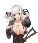  1girl anming black_ribbon blood blood_from_mouth blood_on_breasts blood_on_face blush breasts collarbone constricted_pupils corset eyebrows_visible_through_hair girls&#039;_frontline grey_shirt gun hair_ornament hair_ribbon highres large_breasts long_hair looking_at_viewer open_mouth red_eyes ribbon shirt shotgun silver_hair solo spas-12 spas-12_(girls&#039;_frontline) spas-12_(goblin_huntress)_(girls&#039;_frontline) torn_clothes upper_body vambraces weapon weapon_on_back white_background 