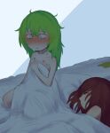  2girls after_sex bangs bed_sheet blush closed_eyes commentary_request constricted_pupils cookie_(touhou) daiyousei diyusi_(cookie) eyebrows_visible_through_hair flat_chest full_body gaburin green_hair hickey highres long_hair messy_hair multiple_girls naked_sheet nose_blush nude on_bed onozuka_komachi open_mouth red_hair ruined_for_marriage shishou_(cookie) sitting sitting_on_bed sleeping touhou under_covers yuri 