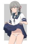  1girl clothes_lift collarbone commentary_request cowboy_shot embarrassed grey_eyes grey_hair groin kantai_collection kugui_kiyunemu micro_panties navel panties pleated_skirt ponytail school_uniform serafuku sidelocks skirt skirt_lift solo underwear usugumo_(kancolle) white_panties 