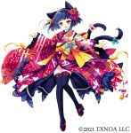  1girl :d animal_ears bangs black_hair black_legwear blue_bow blush bow cat_ears cat_girl cat_tail commentary_request copyright_request egasumi eyebrows_visible_through_hair fang floral_print full_body japanese_clothes kimono long_sleeves multiple_tails obi official_art open_mouth print_kimono red_eyes red_footwear red_kimono sakurazawa_izumi sash short_hair simple_background sleeves_past_wrists smile solo tabi tail tail_bow tail_ornament thighhighs two_tails watermark white_background wide_sleeves yellow_bow zouri 