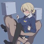  1girl 2boys bangs blonde_hair blue_background blue_eyes blue_sweater blush braid darjeeling_(girls_und_panzer) faceless faceless_male girls_und_panzer group_sex hetero highres lifted_by_another lifting lifting_person long_sleeves multiple_boys onsen_tamago_(hs_egg) pantyhose school_uniform sex sex_from_behind short_hair st._gloriana&#039;s_school_uniform sweater tied_hair torn_clothes torn_legwear twin_braids 