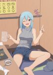  1girl :d alternate_costume aqua_(konosuba) bangs bare_shoulders barefoot beer_mug blue_eyes blue_hair blue_shorts blush breasts chopsticks commentary cup food hand_up holding holding_cup index_finger_raised indoors kono_subarashii_sekai_ni_shukufuku_wo! large_breasts long_hair looking_at_viewer meat mug one_eye_closed open_mouth revision salpin short_shorts shorts sitting sleeveless sleeveless_sweater smile solo sweater teeth upper_teeth 