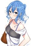  1girl bag bandeau bangs bare_shoulders blue_choker blue_eyes blue_hair candy choker collarbone commentary eyebrows_visible_through_hair food food_in_mouth glasses hair_between_eyes highres holding_strap hololive hoshimachi_suisei lollipop long_hair looking_at_viewer mixed-language_commentary mocacoco339 mouth_hold notice_lines off_shoulder ponytail shirt shoulder_bag sidelocks signature simple_background solo upper_body virtual_youtuber white_background white_shirt 