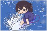  1girl blue_bodysuit bodysuit border brown_hair chibi commentary_request full_body highres jitome kaga_(kancolle) kantai_collection megahiyo open_mouth side_ponytail solo sunlight surfboard surfing water white_border 