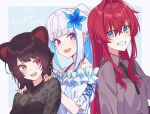  3girls ange_katrina animal_ears bangs blue_eyes blue_flower blue_shirt collarbone dog_ears dog_girl eyebrows_visible_through_hair fangs flower frilled_shirt frills grey_shirt hair_behind_ear hair_flower hair_ornament hands_on_another&#039;s_shoulders heterochromia inui_toko jewelry lize_helesta long_hair multicolored_hair multiple_girls necklace nijisanji off-shoulder_shirt off_shoulder open_mouth ponytail purple_eyes red_eyes red_hair shirt silver_hair smile streaked_hair talunilu_uu3 virtual_youtuber yellow_eyes 