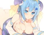  1girl :o ass bare_shoulders blue_eyes blue_hair blush bottomless bow breast_grab breasts collarbone detached_collar detached_sleeves double_bun eyebrows_visible_through_hair grabbing hair_between_eyes hair_bow hair_ornament hair_ribbon large_breasts medium_hair nipples open_mouth original p_(p25234112) ribbon spade_(shape) spade_hair_ornament 