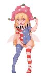  1girl :o @_@ absurdres american_flag_dress american_flag_legwear bangs blonde_hair blurry clownpiece commentary_request depth_of_field doro_au eyebrows_visible_through_hair fairy_wings flat_chest full_body hair_between_eyes hand_up hat highres jester_cap long_hair looking_at_viewer neck_ruff open_mouth pigeon-toed pink_eyes polka_dot_headwear round_teeth short_sleeves simple_background skindentation solo standing star_(symbol) star_print striped striped_legwear tearing_up teeth thick_eyebrows thighhighs touhou upper_teeth very_long_hair white_background wings 