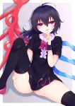  1girl :d asymmetrical_wings black_dress black_hair black_legwear blue_wings blush center_frills dress fingers_to_mouth frills hair_between_eyes hand_on_own_thigh hand_up happy highres houjuu_nue knee_up legs long_hair messy_hair open_mouth red_eyes red_wings short_sleeves sitting skindentation smile solo spread_legs thighhighs thighs tomoe_(fdhs5855) touhou wings wristband 