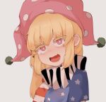  1girl :d american_flag_dress bangs blonde_hair blurry bright_pupils clownpiece commentary depth_of_field doro_au eyebrows_visible_through_hair fang hair_between_eyes hat highres jester_cap light_blush long_hair looking_at_viewer neck_ruff no_wings open_mouth pink_eyes pink_headwear polka_dot_headwear short_sleeves simple_background skin_fang smile solo star_(symbol) star_print symbol-only_commentary thick_eyebrows touhou white_background white_pupils 