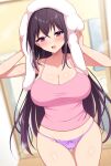  1girl :d aikome_(haikome) bangs bath black_hair blurry blurry_background blush bow bow_panties breasts cameltoe camisole cleavage collarbone commentary_request covered_nipples cowboy_shot crossed_bangs drying drying_hair dutch_angle earrings eyebrows_visible_through_hair highres jewelry large_breasts long_hair looking_at_viewer midriff_peek open_mouth original panties purple_eyes purple_panties shirt smile solo steaming_body stud_earrings thigh_gap towel towel_on_head underwear very_long_hair wet 