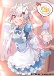  ;d alternate_costume apron arms_up blurry depth_of_field enmaided food heart heart_hands hololive horns kananote karma_(nakiri_ayame) maid maid_apron maid_headdress multicolored_hair nakiri_ayame omurice one_eye_closed oni_horns open_mouth poyoyo_(nakiri_ayame) red_eyes shiranui_(nakiri_ayame) silver_hair smile spoken_food standing standing_on_one_leg streaked_hair two-tone_hair virtual_youtuber 