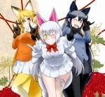  3girls ;) ;d animal_ears bangs bare_legs black_bow black_bowtie black_gloves black_hair black_legwear black_skirt blonde_hair blue_jacket blush bow bowtie breast_pocket brown_gloves brown_hair buttons closed_mouth commentary_request extra_ears eyebrows_visible_through_hair ezo_red_fox_(kemono_friends) feet_out_of_frame floral_background flower fox_ears fox_girl fox_shadow_puppet fox_tail fur-trimmed_sleeves fur_trim gloves gradient gradient_legwear grey_hair hair_between_eyes highres jacket kemono_friends leaning_forward long_hair long_sleeves looking_at_viewer miniskirt multicolored_hair multiple_girls mun oinari-sama_(kemono_friends) one_eye_closed open_mouth orange_eyes orange_jacket pantyhose parted_lips pleated_skirt pocket sidelocks silver_fox_(kemono_friends) skirt smile standing tail thigh_strap two-tone_hair very_long_hair white_gloves white_jacket white_skirt yellow_eyes 