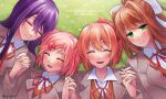  4girls ^_^ anniversary bangs blazer bow brown_hair brown_jacket closed_eyes collared_shirt copyright_name doki_doki_literature_club eyebrows_visible_through_hair geppei grass hair_bow hair_intakes highres holding_hands interlocked_fingers jacket lying monika_(doki_doki_literature_club) multiple_girls natsuki_(doki_doki_literature_club) on_back open_mouth orange_vest pink_hair ponytail purple_hair red_bow sayori_(doki_doki_literature_club) school_uniform shirt short_hair smile vest white_shirt yuri_(doki_doki_literature_club) 