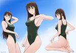  1girl artist_name back bare_legs barefoot blue_sky blush breasts brown_hair collarbone commission competition_swimsuit covered_navel darkpulsegg eyebrows_visible_through_hair feet feet_out_of_frame girls&#039;_frontline green_eyes green_swimsuit highleg highres long_hair looking_at_viewer looking_to_the_side m4a1_(girls&#039;_frontline) medium_breasts multicolored_hair one-piece_swimsuit sitting sky smile soles solo standing swimsuit thighs 