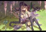  2girls ass bangs bird black_hair black_legwear black_shorts blunt_bangs blurry bow braid braided_ponytail bridal_gauntlets cherry_blossoms chinese_commentary commentary_request depth_of_field eyebrows_visible_through_hair genshin_impact grass hair_bow hair_ornament hair_ribbon highres japanese_clothes long_hair looking_at_another looking_up low-tied_long_hair low_ponytail lying_on_lap lying_on_person makoto_(genshin_impact) multiple_girls obi petals purple_eyes raiden_shogun ribao ribbon sandals sash shorts siblings sidelocks single_braid spoilers tabi tasuki thighhighs tree tree_shade twins wide_sleeves zettai_ryouiki 