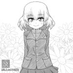  1girl arms_behind_back bangs bob_cut chamomile closed_mouth commentary copyright_name emblem enoya-eno eyebrows_visible_through_hair floor girls_und_panzer greyscale jacket katyusha_(girls_und_panzer) long_sleeves looking_at_viewer miniskirt monochrome pleated_skirt pravda_(emblem) pravda_school_uniform school_uniform shirt short_hair skirt smile solo standing turtleneck 