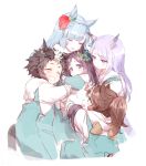  5girls :d ^_^ animal_ears black_hair blush braid brown_hair child closed_eyes commentary cousins crown_braid ear_ornament ear_ribbon girl_sandwich grin horse_ears horse_girl horse_tail light_blue_hair light_purple_hair long_hair mejiro_ardan_(umamusume) mejiro_dober_(umamusume) mejiro_mcqueen_(umamusume) mejiro_palmer_(umamusume) mejiro_ryan_(umamusume) multiple_girls open_mouth overalls ponytail profile purple_eyes purple_hair red_ribbon ribbon romi_(346_ura) sandwiched short_hair smile tail tears thumb_sucking umamusume younger 