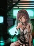 1girl absurdres asymmetrical_hair brown_eyes brown_hair cable closed_mouth commentary dress hair_ornament hairclip hanairomomiji highres iwakura_lain looking_at_viewer serial_experiments_lain short_hair sitting skirt sleeveless smile solo white_dress x_hair_ornament 